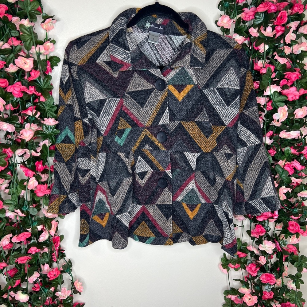 Damee Gray Yellow Geometric Button Up Cardigan Small Casual Abstract Art S